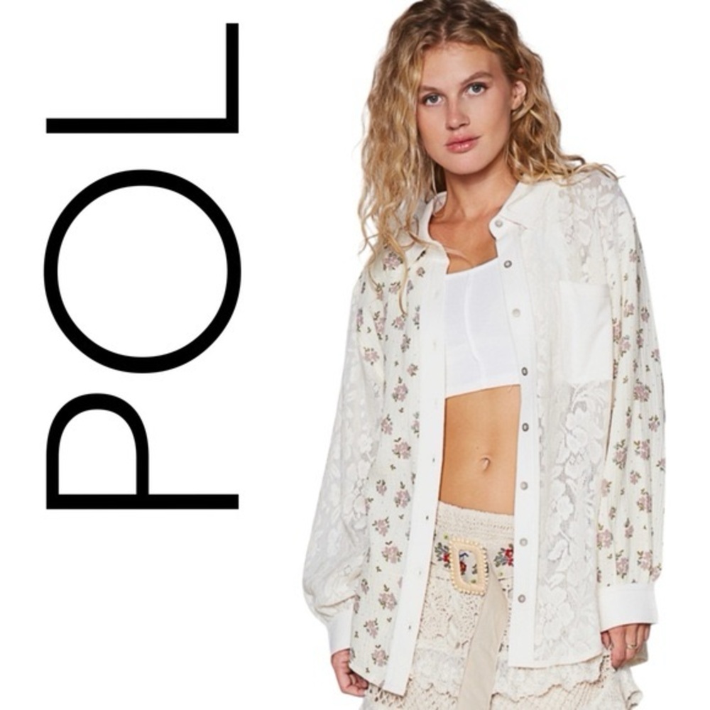 POL Women's Cream Button Down Floral Shirt Size M